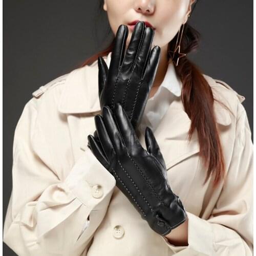 Women winter warm elegant wrist leather covered button style gloves black
