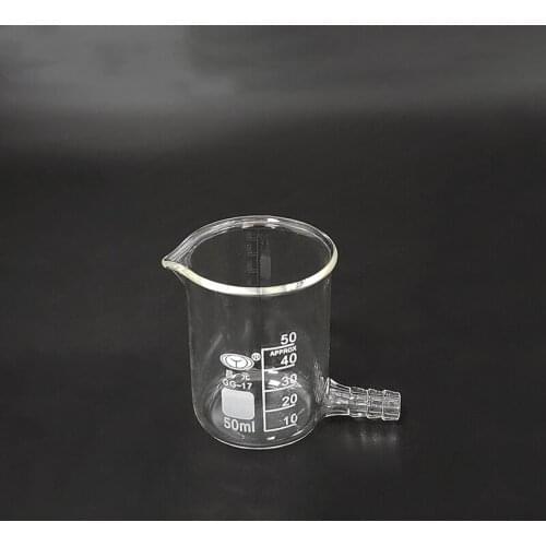 Beaker in low form with Lower tube,Capacity 50ml,Beaker with tubules,Outer diameter=42mm,Height=60mm,Laboratory beaker