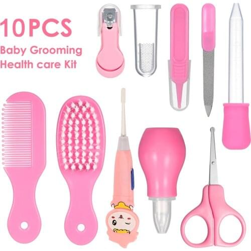 10PCS Baby Care Nursery Set Healthcare and Grooming Kit Ear Pick with Light Comb Nail Clipper Nasal Aspirator Food Feeder Shower