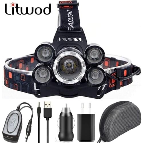 Cree 5 Led XM-L T6 Headlight 4000 Lumen Headlamp Head Lamp Flashlight Torch Light 18650 Battery AC/DC Charger Bulbs Litwod
