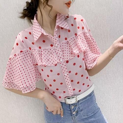 2020 New Elegant Chiffon Summer Tops Fashion Women Cute Pink Ruffles Polka Dot Butterfly Sleeve female OL Blouse Shirt Plus Size
