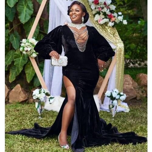 Sexy Black Side Split Evening Dresses Bead High Neck Velvet Mermaid Prom Gown Plus Size Formal Occasion Wears