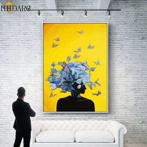 Yellow Abstract Girl Flower Butterfly Modern Vogue Poster and Prints Canvas Print Painting Art Wall Pictures for Home Decoration