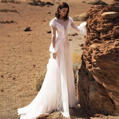 Beach Bohemian Wedding Dresses Tassel Tulle Lace Applique Long Sleeves Boho Backless Princess A-Line Bridal Gowns Plus Size 2021