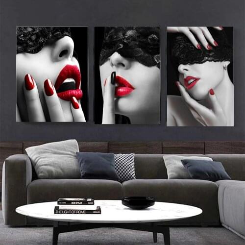 Modern Lace Blindfolded Woman Sexy Red Lips Wall Art Deco Paintings and Prints Living Room Art Wall Decoration Poster Cuadros