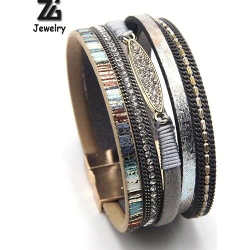 ZG Fashion Women Leather Bracelet Rhinestone Bar Charm Bohemian Leather Female Bracelets in 7 Colors