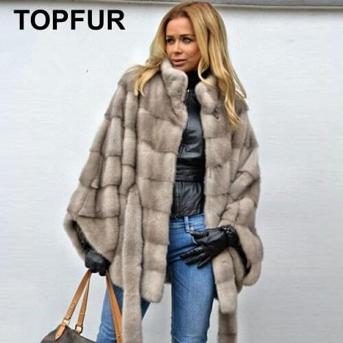 TOPFUR 2021 Winter Bat Sleeved Real Mink Fur Coat Women Natural Mink Fur Short Coats With Fur Belt Batwing Sleeves Coats Women