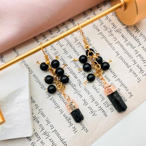 Black Tourmaline Beads Natural Stone Earrings Fashion Jewelry for Women Long Tassel Dangle New Trendy 2021 Wedding Party Gift