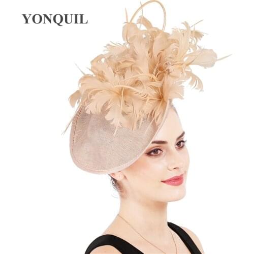 Women Champagne Feather Millinery Hats Fascinators Imitation Sinamay Derby Caps Bridal Married Elegant Headpieces For Occasion