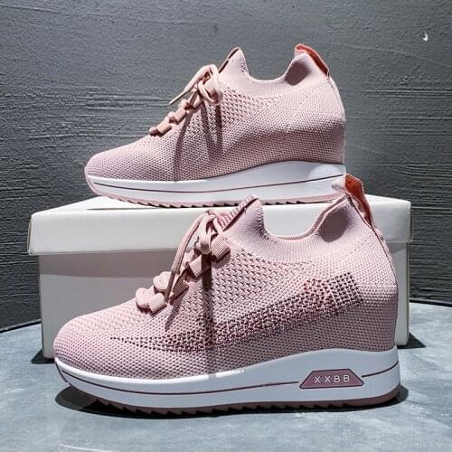 Womens Knit Knitted Sneakers Wedge Hidden Heel Sport Shoes Lace Up Casual Breathable Mothers Gift 3Colors New 2021