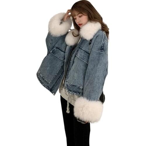 Real Fox Fur Collar 2021 New Winter Velvet Thick Denim Down jacket 90%White Duck Down Coat Female Loose Short Down Parka Outwear
