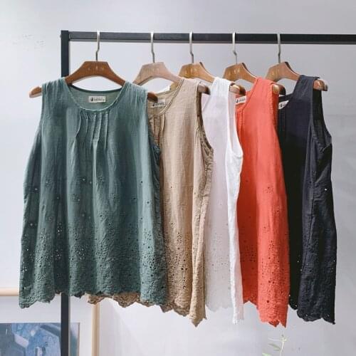 Summer Womens Cotton and Linen Embroidered Vest Loose Casual Sleeveless Top 2021 New