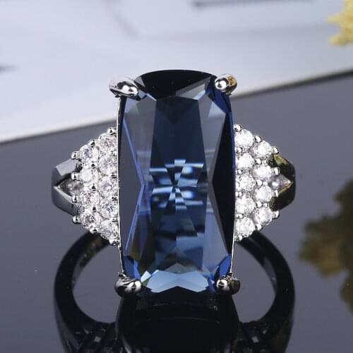 Square Drilled Blue Zircon Wedding Ring for Women 925 Silver Princess Micro-inlaid Simulation Jewelry Engagement Love Ring