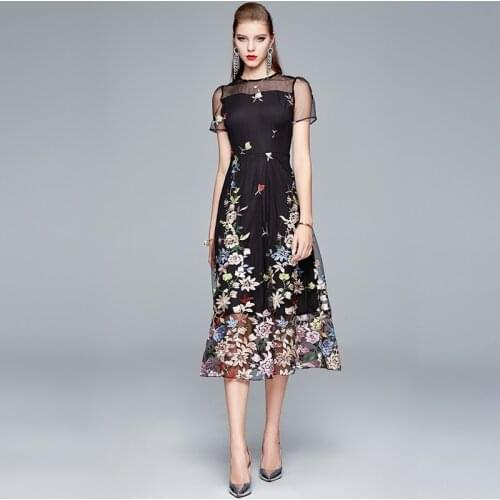 New Dresses Summer 2021 Fashion Party Dress Women Short Sleeve Flower Embroidered Slim Waist Vintage Mesh Runway Dresses AA5777