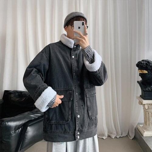 Winter lamb coat mens trend plus velvet thickening cotton-padded jacket casual joker handsome denim jacket