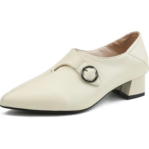 2021 Spring Autumn Middle Heel Single Shoes Black Fashion Belt Buckle Sandals Women White Leather Shoes Party Wedding Shoes