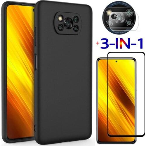 3-in-1, matte case + glass for poco x3 nfc soft liquid tpu phone cases poco x3 pro xiaomi pocophone x 3 nfc cover poco-x3 case