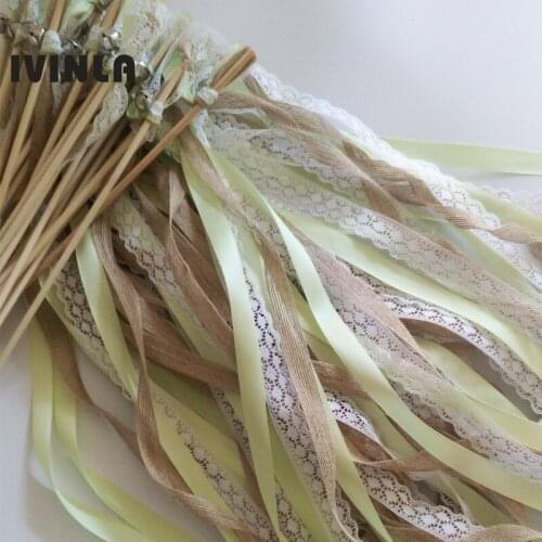 50pcs/lot Green jute lace wedding Ribbon Wands with big sliver Bells for wedding party