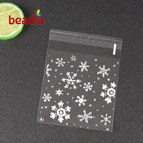 50pcs Waterproof White Snowflake Flowers Dots Cookies Sweet Cake Plastic 10x10+3cm Food Grade Self-Adhesive Pouches Bag