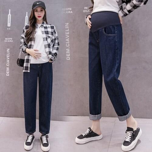 6612# Autumn Dark Blue Denim Maternity Straight Jeans Wide Leg Loose Elastic Waist Belly Pants Clothes for Pregnant Women Casual
