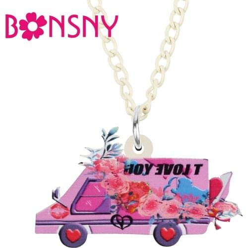 BONSNY Valentines Day Acrylic Sweet Pink Flowers Heart Truck Car Necklace Pendant Novelty Jewelry For Women Girls Teens Gifts