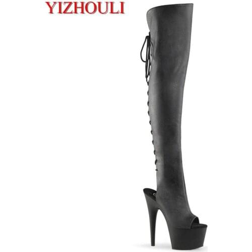 Banquet 7 "high heel over knee boots, matte black vamp 17 cm sexy model pole dance performance, dancing shoes