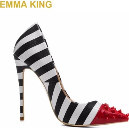 EMMA KING Fashion Zebra-stripe Rivet Studded Pointed Toe Women Pumps Sexy Stiletto Thin High Heels Lady Slip On Shallow Shoes