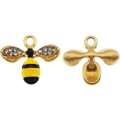 Julie Wang 3PCS Enamel Small Bee Charms Rhinestone Honeybee Alloy Gold Tone Bumble Bee Pendant Earrings Jewelry Making Accessory