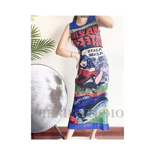 HOT SELLING fashion miyake o-neck sleeveless pleated Vintage print straight dress IN STOCK