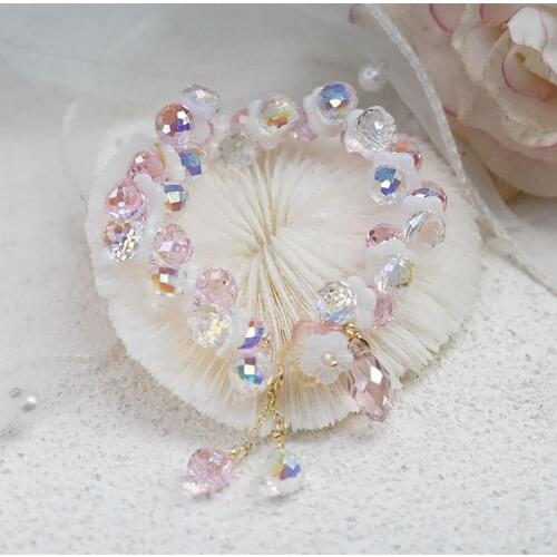 Sweet Natural Shell Flower Shining Pink/Clear Crystal Cute Handmade Beaded Bracelets for Women Girls Fashion Jewelry Gift YBR474