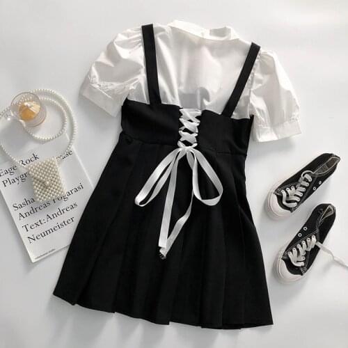 Korean Style Y2k Mini Dresses for Women Summer 2021 Bandage Design Black Lolita Dress Female Party Kwaii Dress Face Two Piece