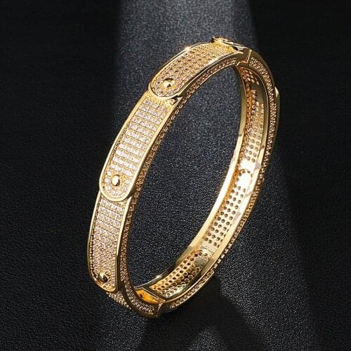 D&Z Solid Iced Out Mens Charm Bracelets Bangle Iced Out Gold Silver Color Bracelets Hip Hop Bling Jewelry Gifts