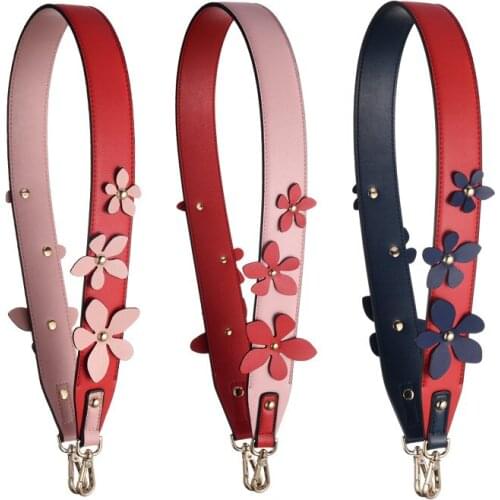 Stereo Flower Shoulder Bag Strap Cowhide Leather Wide Strap Belt For Handbag Gold Metal Women Bag Accessories Replacement