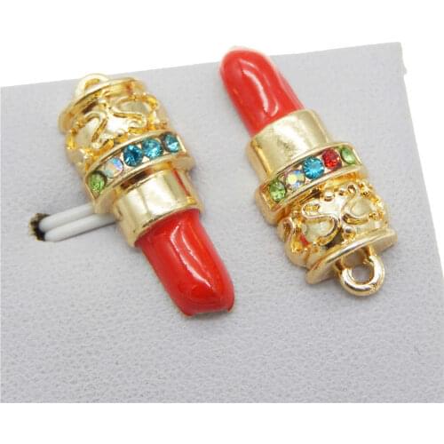 Julie Wang 5PCS Enamel Red Lipstick Charms Colored Rhinestone Alloy Gold Tone Necklace Pendant Findings Jewelry Making Accessory