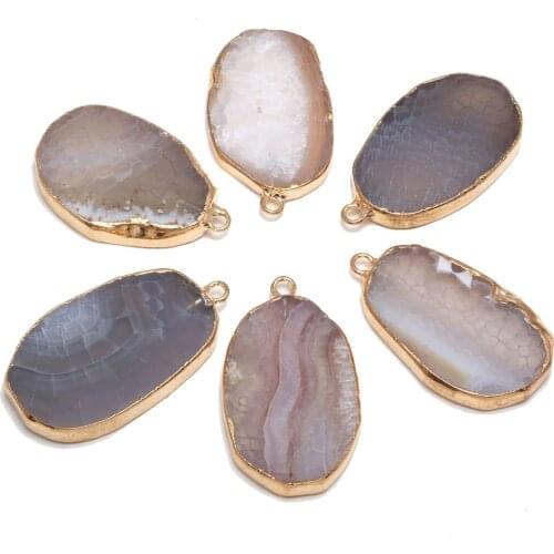 Natural Stone Pendants Irregular Egg Shape Grey Geode Agates Stone Pendant Charms for Jewelry Making Necklace Bracelet Gift