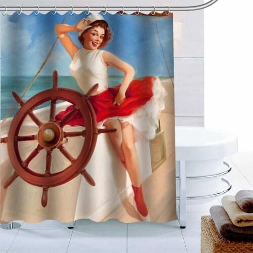 Modern Pin Up Girl Shower Curtain Palm Decor Waterproof Polyester Fabric Bath Curtain 180X180cm Eco-friendly Bathroom Curtain