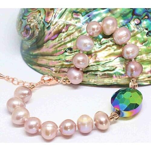 Special design women gift purple natural freshwater pearl 9-10mm round beads oval crystal diy bracelet jewelry B1408