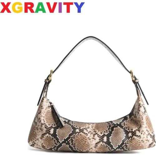 XGRAVITY Snakeskin Cow Genuine Leather Bags Fashion Ladies Casual Big Baguette Serpentine Shoulder Handbags Women Bags H274