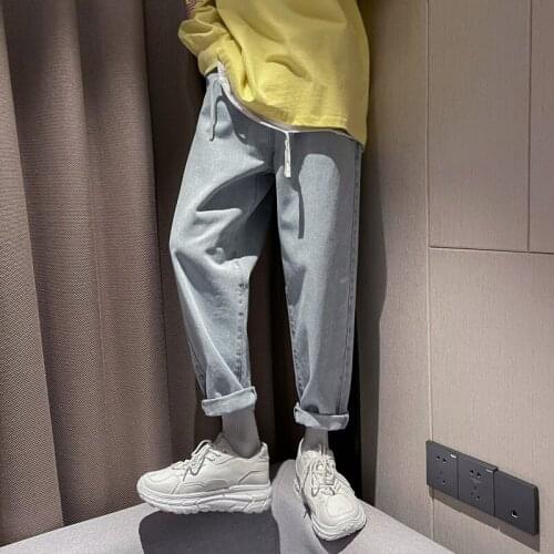 Korean Mens Elastic Waist Baggy Homme Casual Pants Cargo Pocket Jeans Fashion Loose Straight Pants Biker Denim Trousers M-2XL