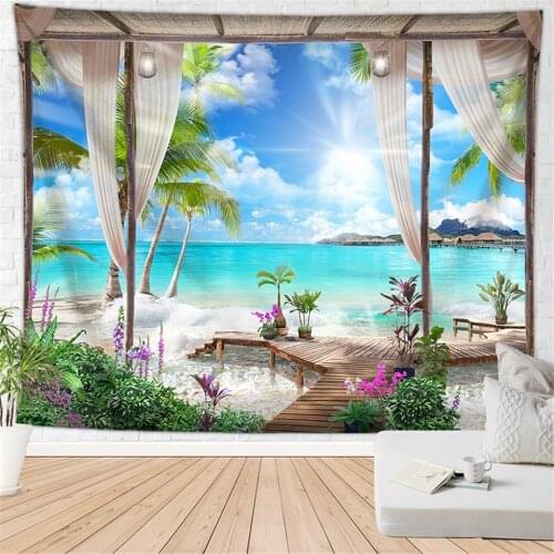 Vintage European Balcony Vacation Wall Hanging Tapestry Nature Landscape Sea Mountain Travel Beach Dorm Boho Decor Wall Blanket