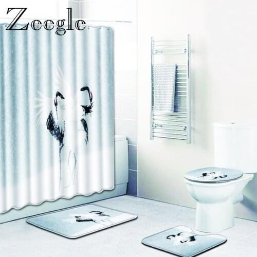 Zeegle Bath Mat with Shower Curtain Set Pedestal Rug Lid Toilet Cover Non-slip Toilet Floor Carpet Bathroom Curtain with Hooks