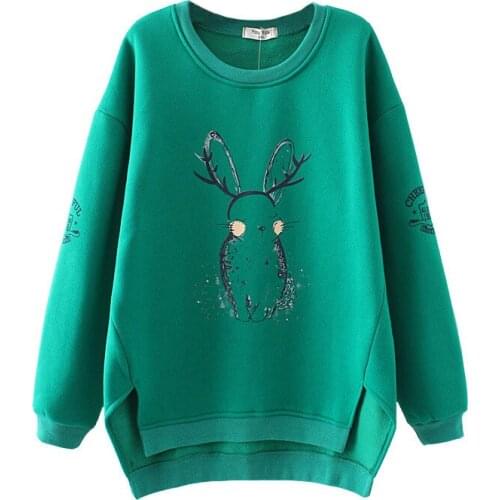Mori Girl Style Spring Student Cartoon Rabbit Print Round Neck Plus Velvet Sweatshirt Women Fleece Large Size 2XL-4XL 20210120