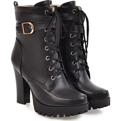 Sexy classic High Heels Women Ankle Boots Lace Up Fall Winter Platform Ladies Boots Large Size Fashion Shoes White Black Brown