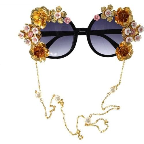 Fashion Luxury Baroque Sunglasses Women Metal Flower Vintage Chains Eyewear Brand Design Sun Glasses Outdoors Casual Accessory