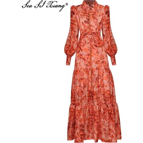 Seasixiang Fashion Designer Spring Maxi Dress Womens Lace Up Lantern Sleeve Single-Breasted Floral Print Bohemian Long Dresses