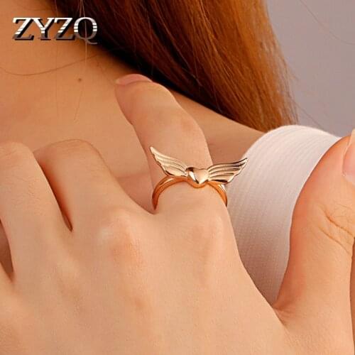 ZYZQ Romantic Engagement Ring For Women Cute Heart-Shaped Angel Wing Adjustable Open Ring Elegant Female Wedding Bride Jewelry