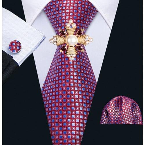 Barry .Wang Men Silk Tie Plaid Necktie Check Red Blue Novelty Necktie Hanky Cufflinks Brooch Set Gloss Neck Tie Designer FA-5172