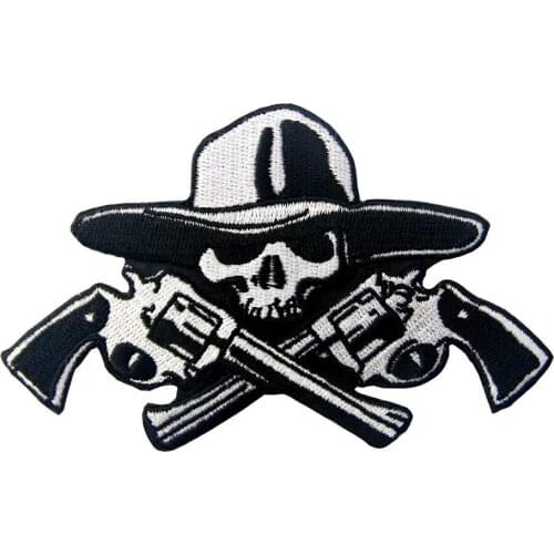 Black and White Skull Police With Gun Embroidered Patches Appliques Motorcycle Biker Clothing Accessories Iron on Sew DIY Badges