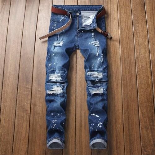 Distressed Slim Fit Stretch Black Denim Biker Pencil Pants Men Streetwear Hip Hop Multi-Pocket Cargo Motorcycle Skinny Jeans