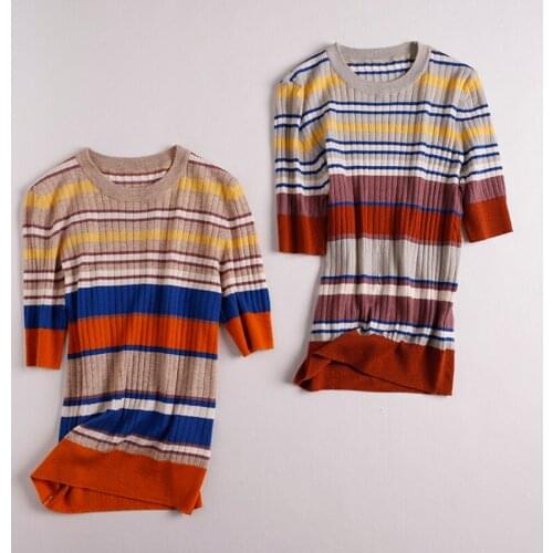 JMPRS Cute Rainbow Striped Women T Shirt Summer Short Sleeve Knitted Thin Tees Korean Slim Elastic Fashion O Neck Ladies Tops